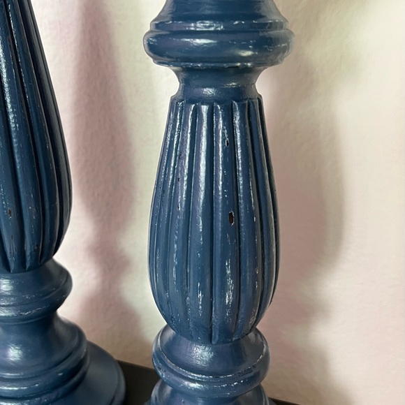 2 Blue Wooden Hand Painted Candle Holder Set Home Decor Rustic Modern Custom Mad - Picture 9 of 13